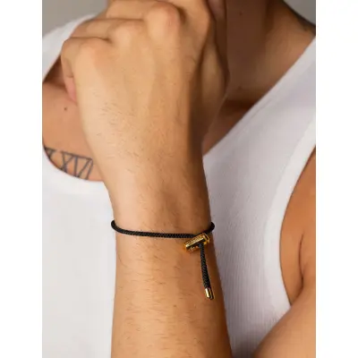 Nialaya Men's Black String Bracelet With Adjustable Gold Lock - Gold - ONE SIZE 20 cm