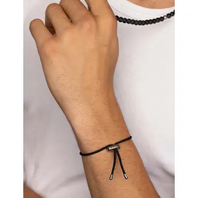 Nialaya Men's Black String Bracelet With Adjustable Silver Lock - Silver - ONE SIZE 20 cm