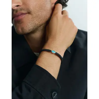 Nialaya Men's Black String Bracelet With Silver Evil Eye - Black - M