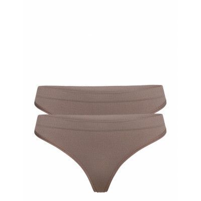 Pcsymmi Rib Thong 2-Pack Bc *Villkorat Erbjudande Stringtrosa Underkläder Brun Pieces