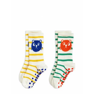 Mini Rodini Cats Stripe 2-Pack Anti-Slip Socks Kräm